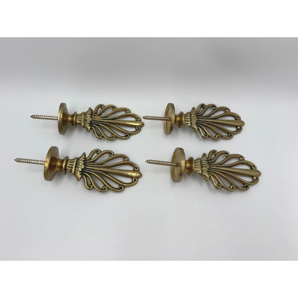 Vintage Brass Curtain Tiebacks Set of 4 Ornate Fan Leaf Wall Hooks Holdbacks